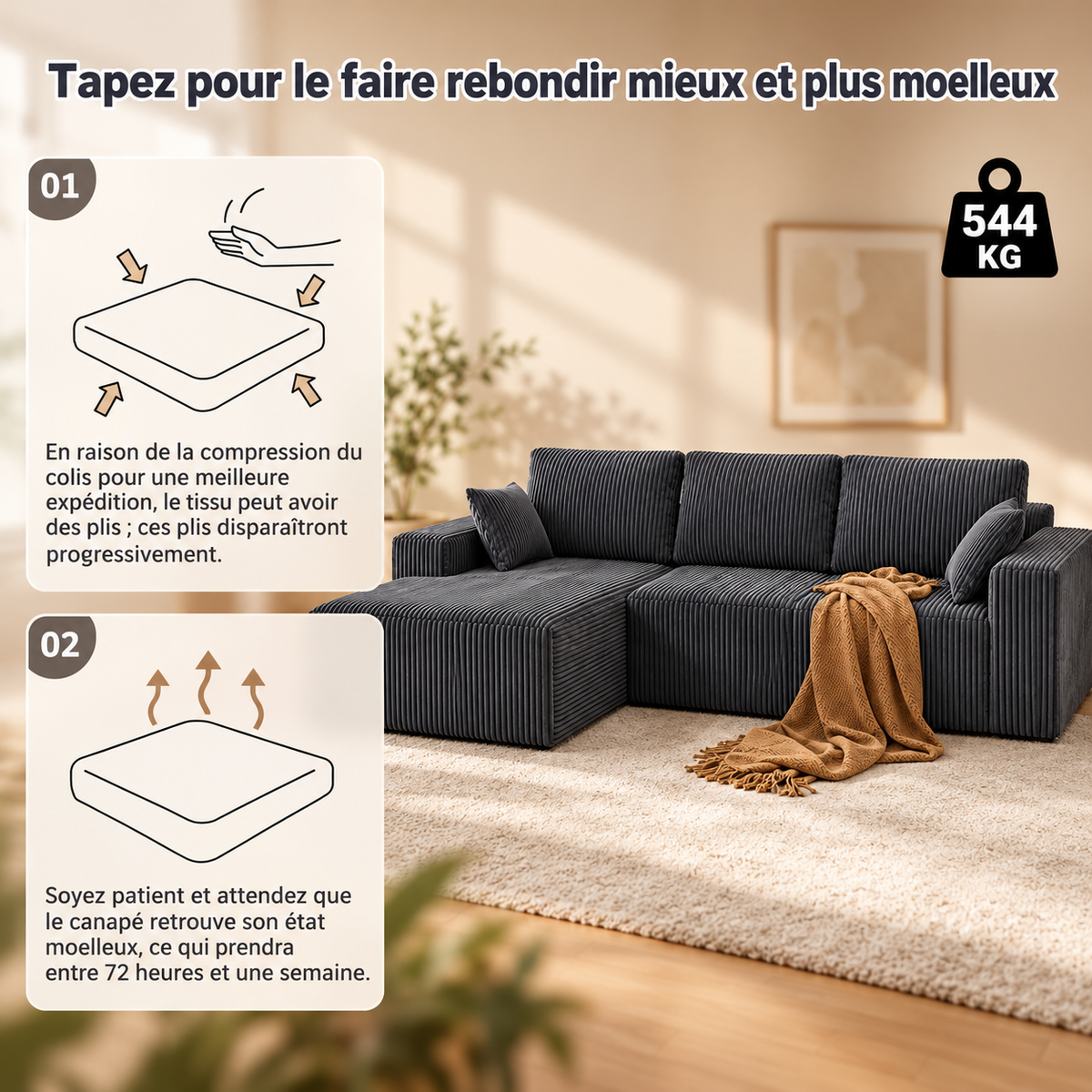 Canapé d’angle modulable en L en velours