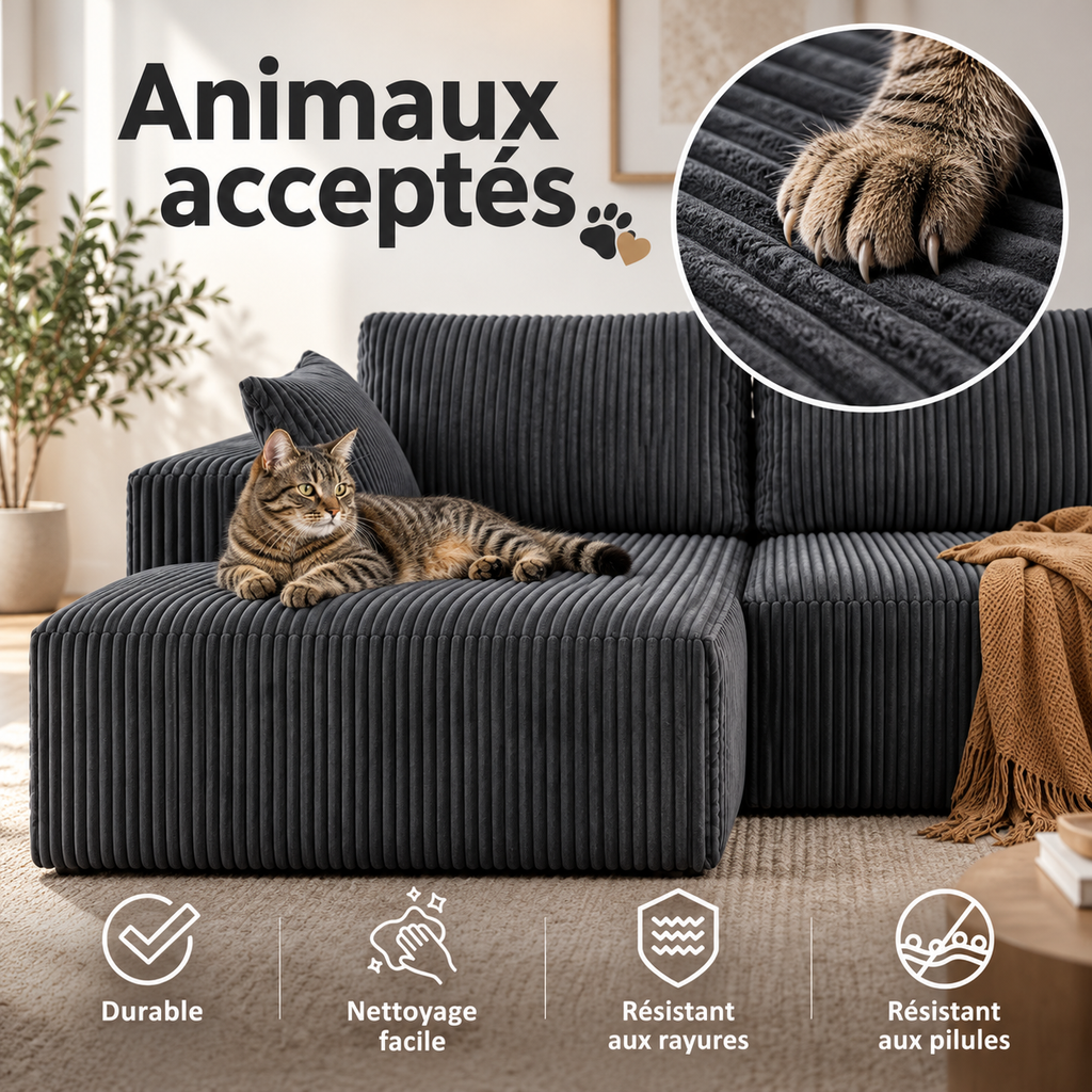 Canapé d’angle modulable en L en velours