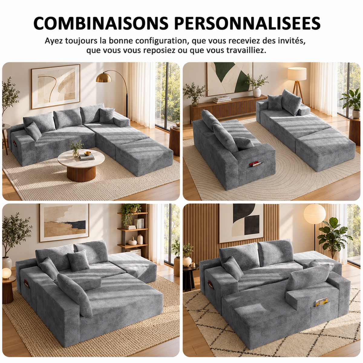 Canapé modulable en U en velours côtelé
