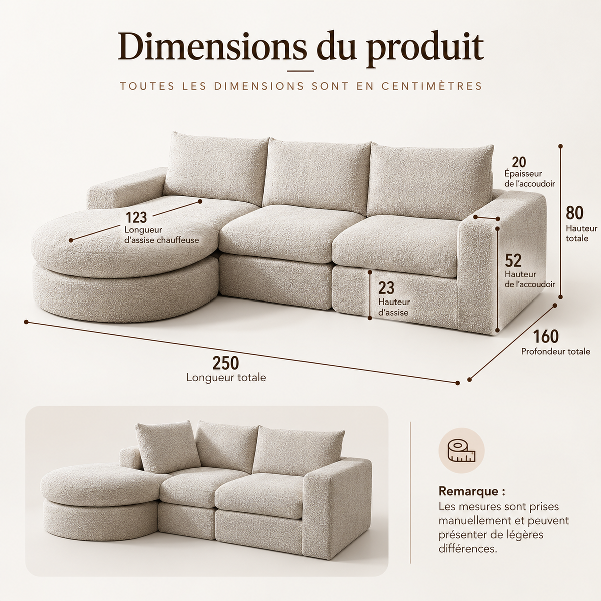 Canapé modulable en chenille avec méridienne réversible