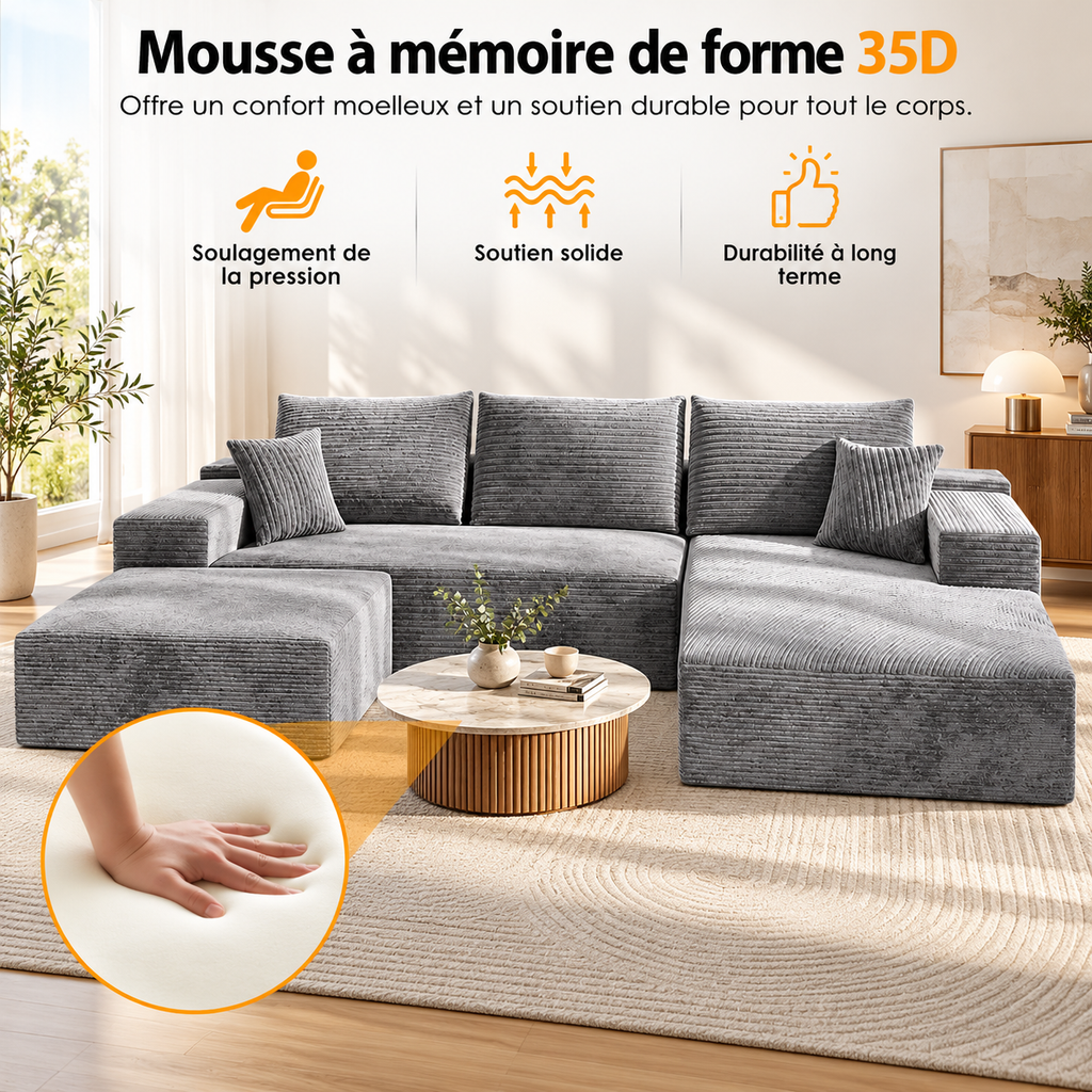 Canapé modulable en U en velours côtelé