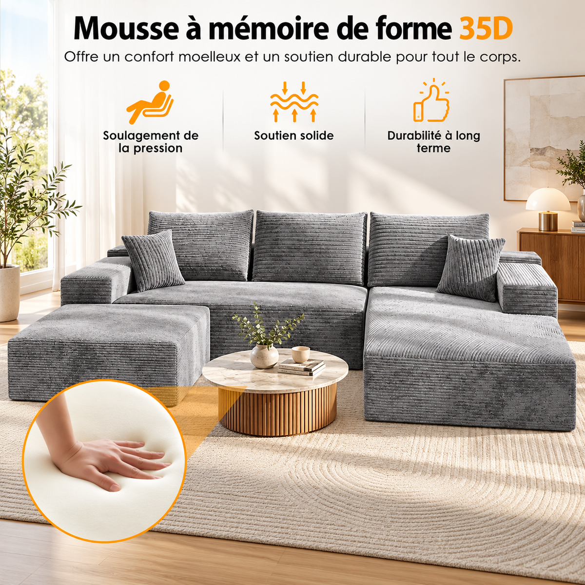 Canapé modulable en U en velours côtelé