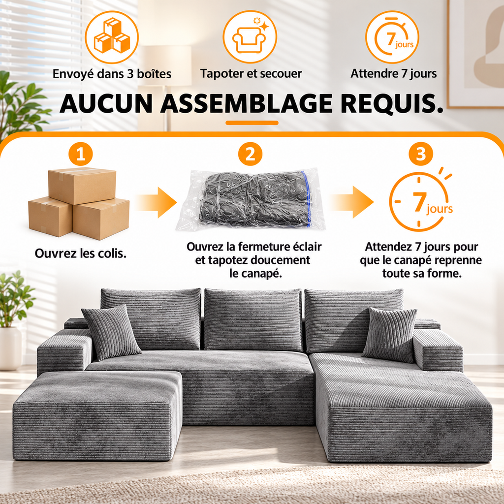 Canapé modulable en U en velours côtelé