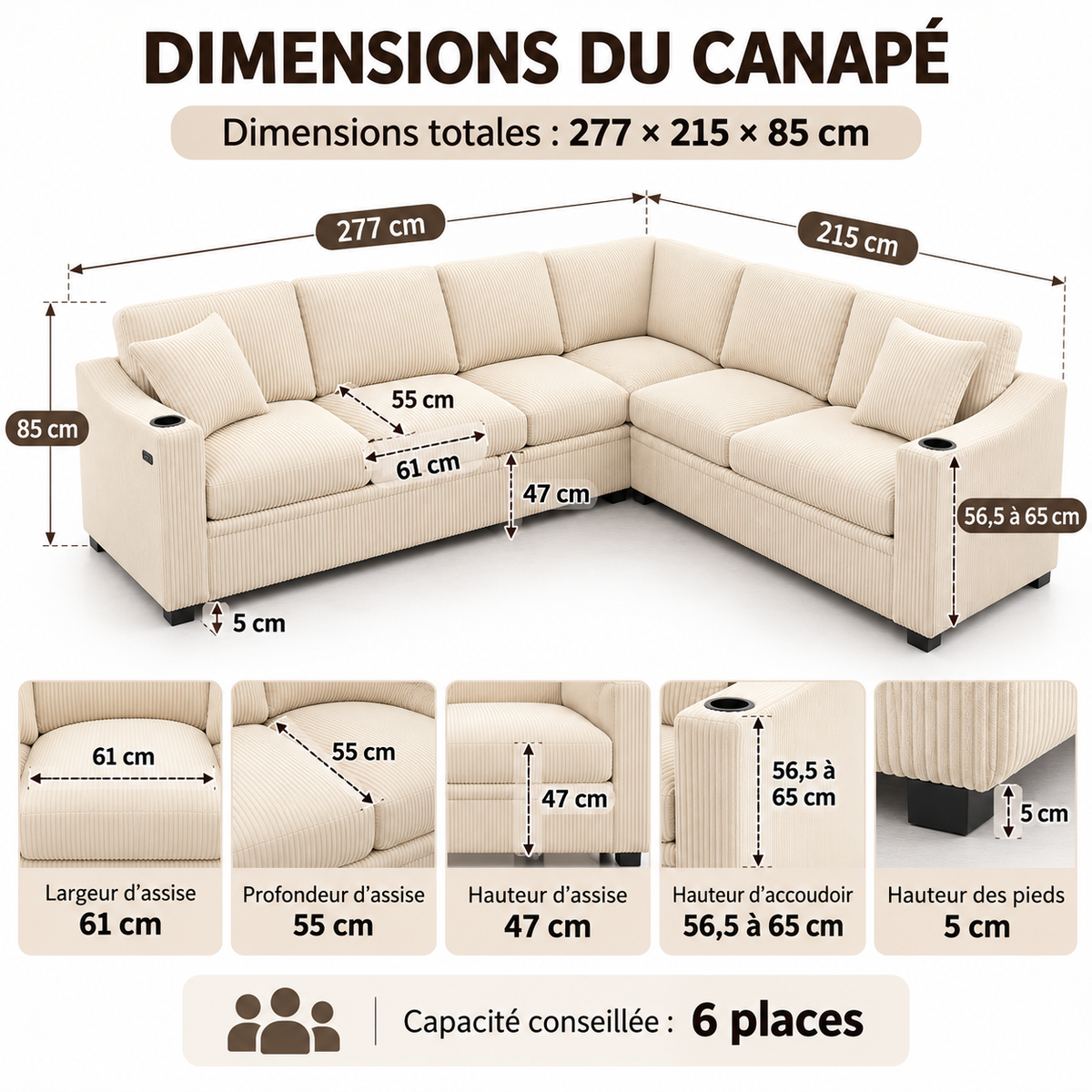 Canapé d’angle modulable en velours côtelé