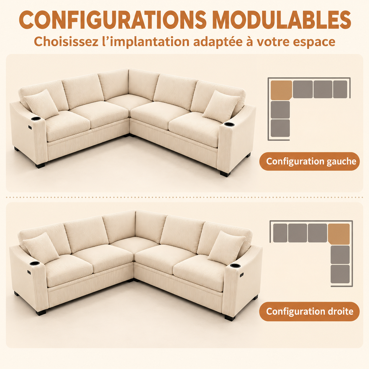 Canapé d’angle modulable en velours côtelé