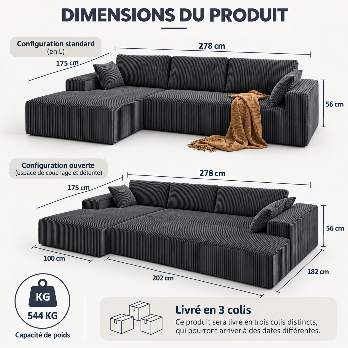 Canapé d’angle modulable en L en velours