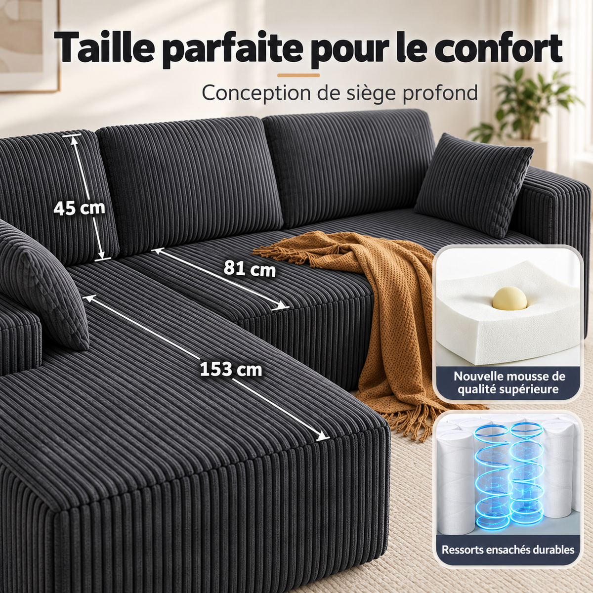 Canapé d’angle modulable en L en velours