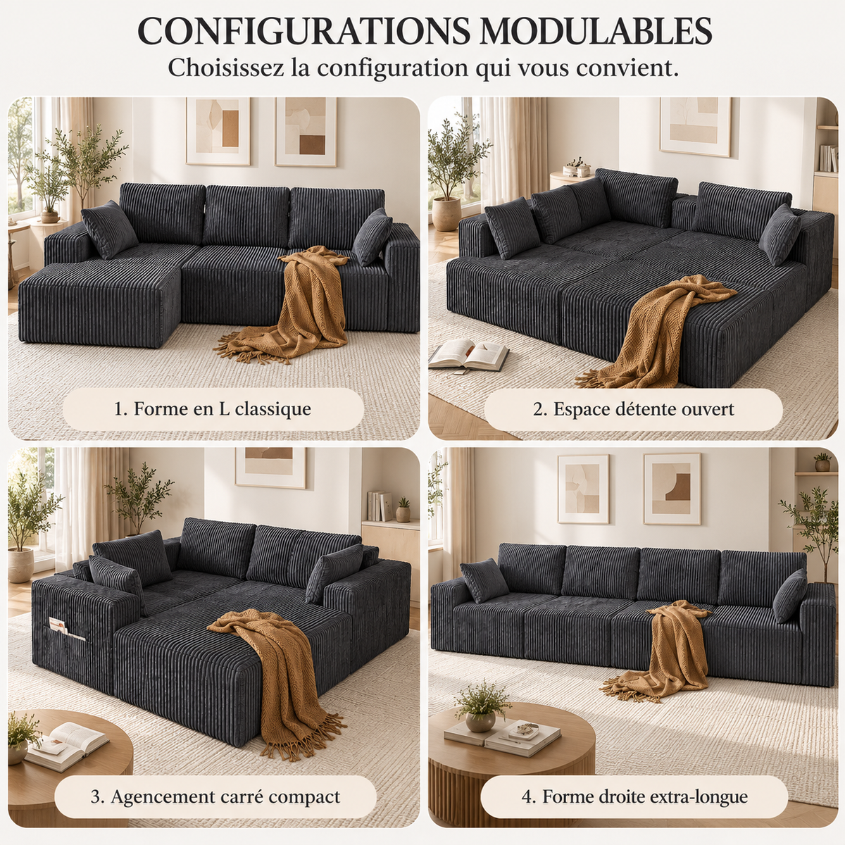 Canapé d’angle modulable en L en velours
