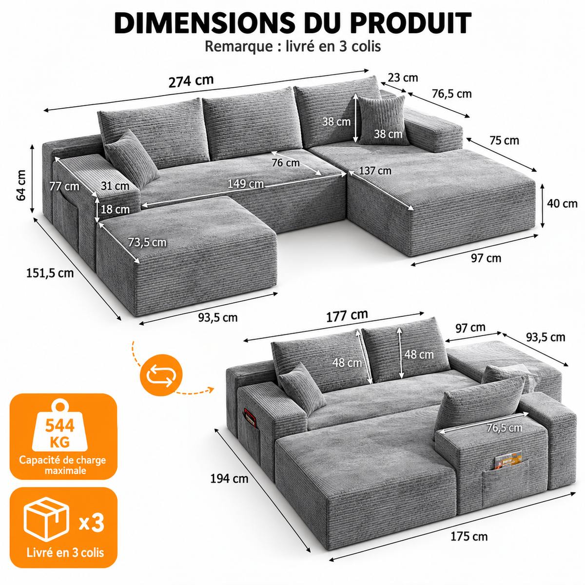 Canapé modulable en U en velours côtelé