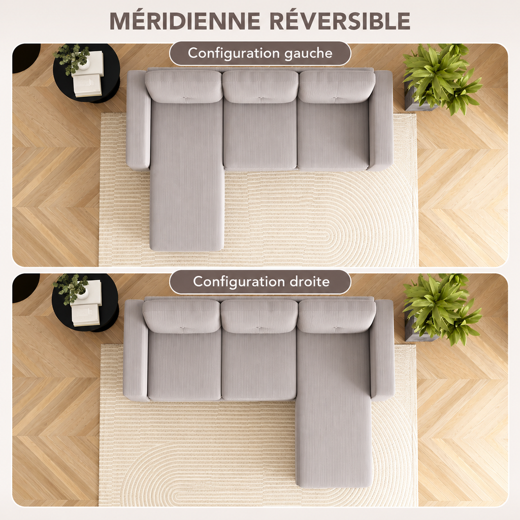 Canapé d’angle réversible en velours côtelé