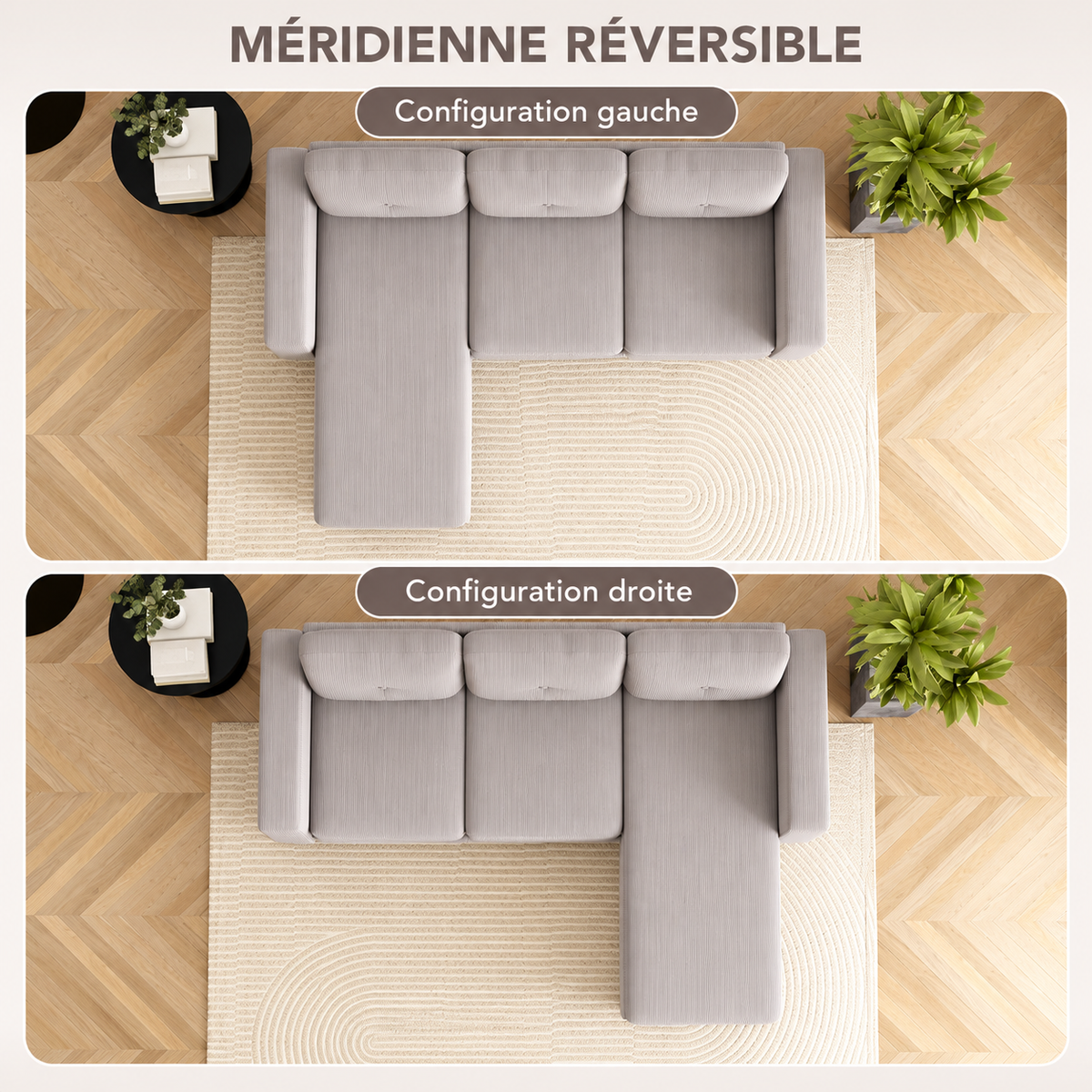 Canapé d’angle réversible en velours côtelé