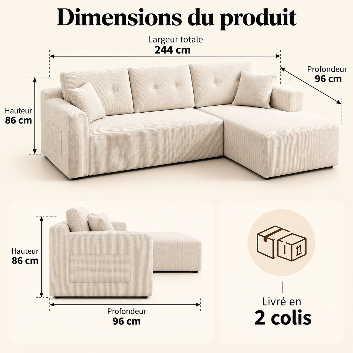 Canapé d’angle modulable en velours côtelé